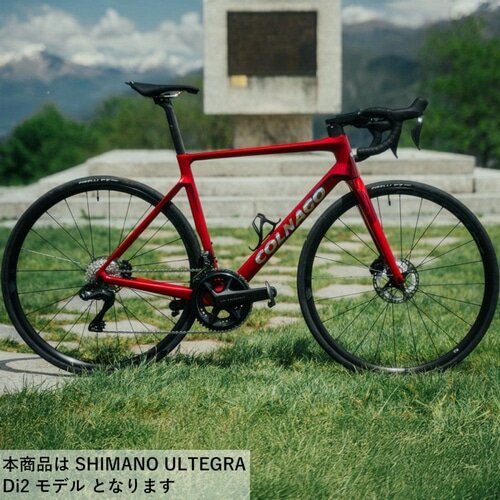 コルナゴのロードバイクが芝生の上に美しく立てかけられ、SHIMANO ULTEGRA Di2モデルであることを示しています。