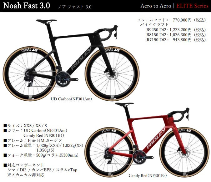 RIDLEY Noah Fast 3.0はエリートシリーズのエアロロードバイク。軽量Elite HMカーボンフレームを採用し、Shimano Di2やSRAM eTapに対応。