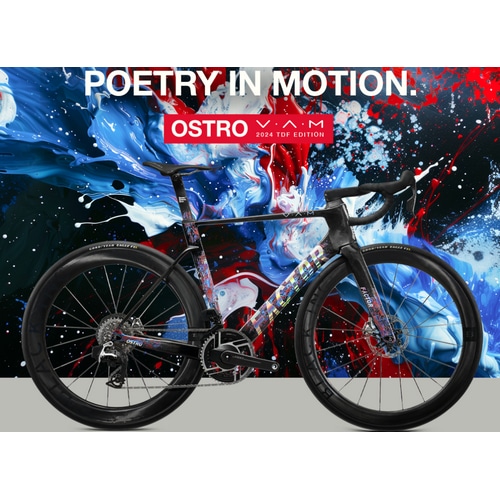 FACTOR OSTRO VAM 2024 Tour de France Editionを紹介するものです。鮮やかな特別ペイントと「POETRY IN MOTION」のキャッチフレーズが特徴的です。