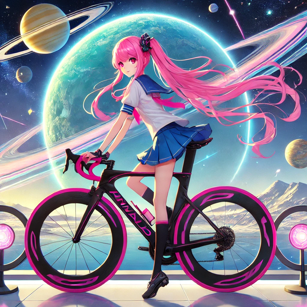 ピンクのツインテールの女子高生がPINARELLO DOGMA Fに乗る幻想的なイラストです！背景には惑星や月、光の輪が広がり、幻想的な雰囲気を演出しています。楽しんでいただければ嬉しいです！